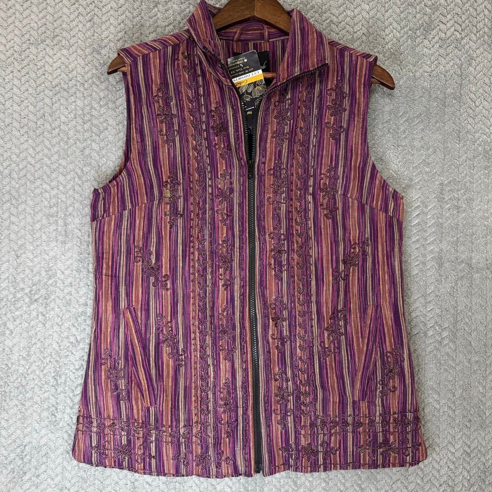 Young Threads Women’s Khadi Linen Zipper Vest Embroidery Quilted Lining M - Picture 4 of 12